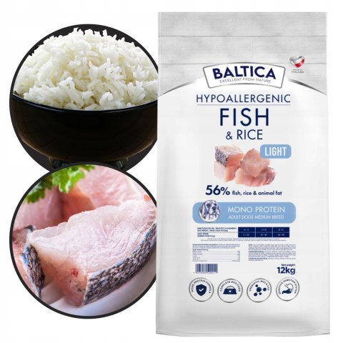 Baltica FISH&RICE 12KG RASY ŚREDNIE KARMA LIGHT DIETETYCZNA